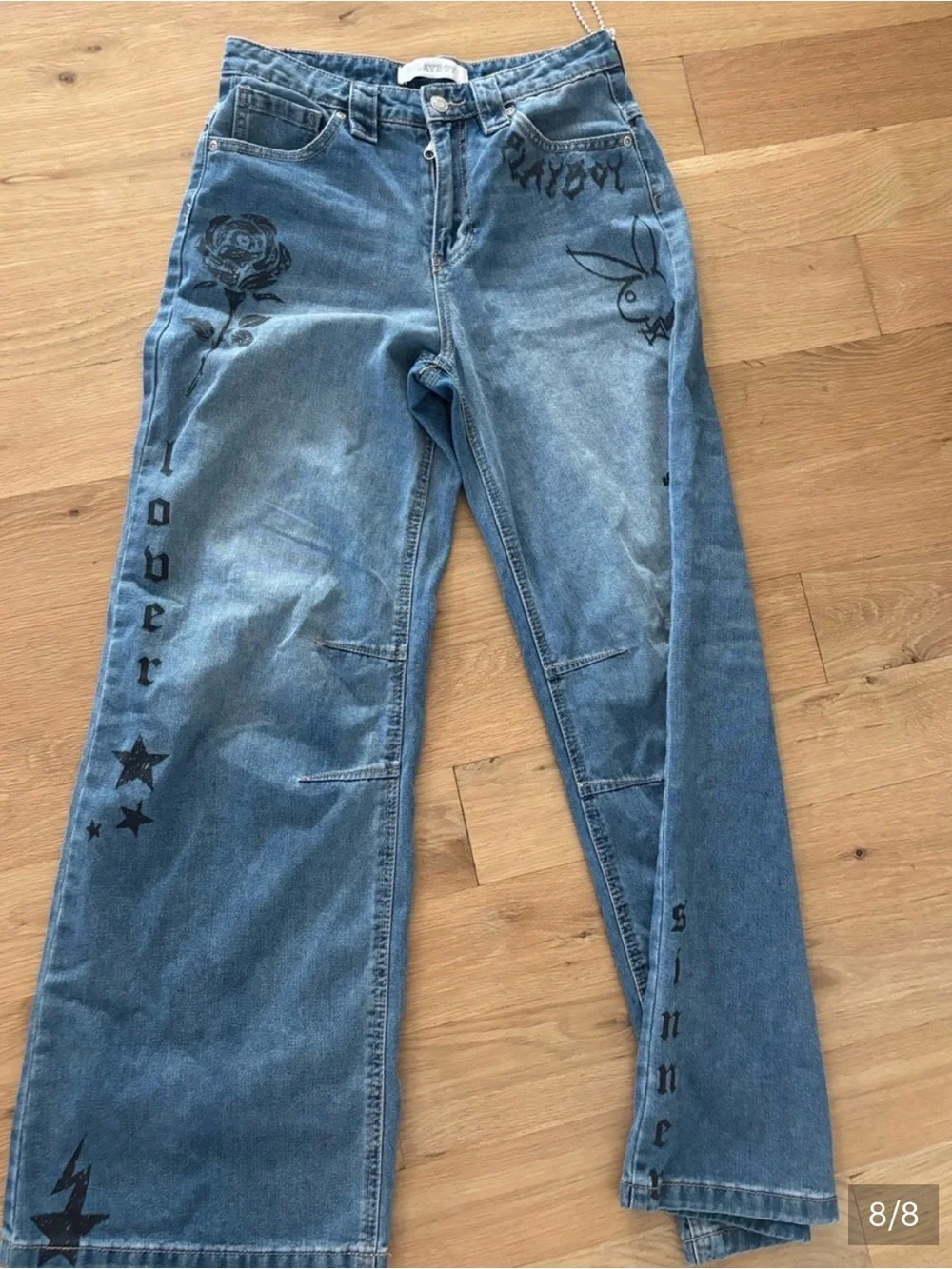 PLAYBOY Blue Wide-Leg Jeans with Black Graphic Prints 7